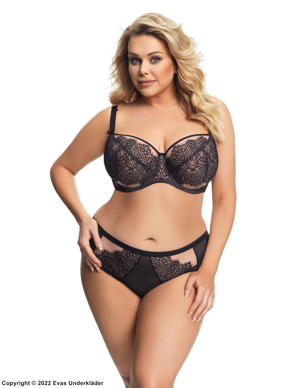 Romantic big cup bra, wide shoulder straps, partially sheer cups, luxurious lace, D to M-cup